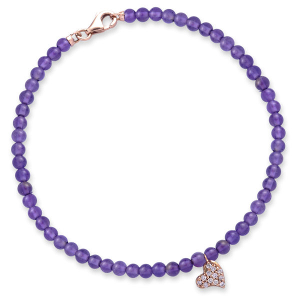 BRACCIALE IN BEADS DI AMETISTA CON CUORE PENDENTE INCASSATO IN BRILLANTI
