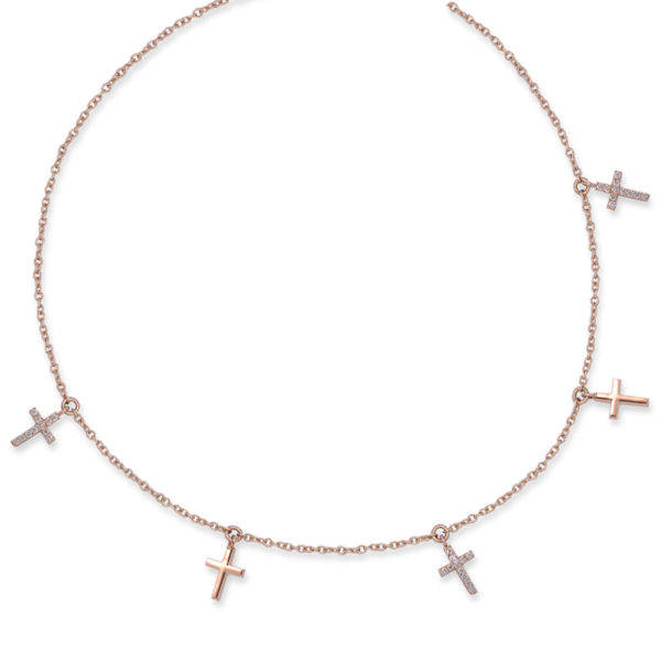 COLLANA CON 5 CROCETTE PENDENTI, TRE CON BRILLANTI E 2 LUCIDE