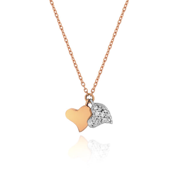 COLLANA CON DUE CUORICINI PENDENTI, UNO DEI DUE INCASSATO IN BRILLANTI