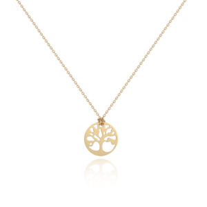750 gold necklace with a tree of life carved on round plate