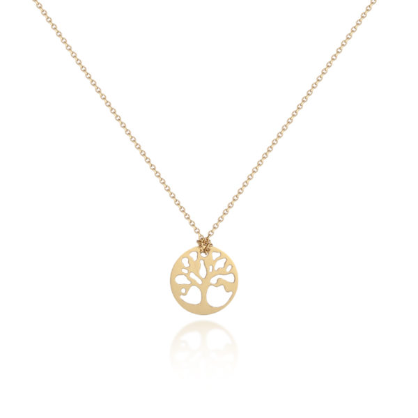 750 gold necklace with a tree of life carved on round plate