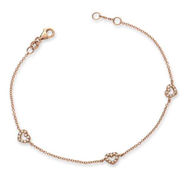 750 rosé gold bracelet with 3 hearts set with diamonds