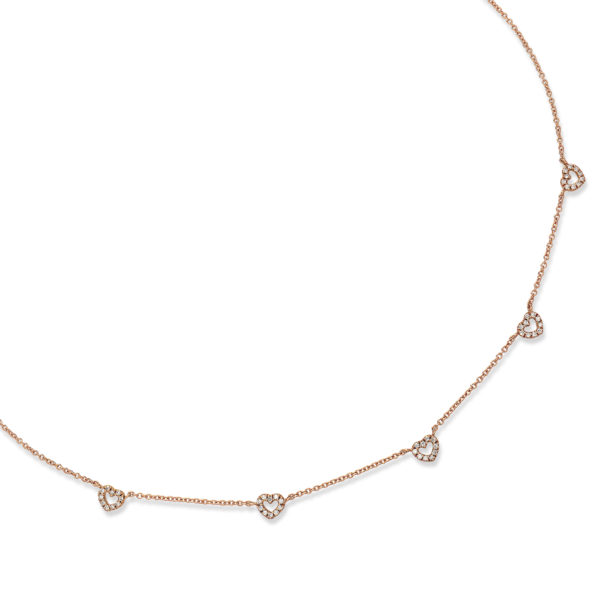 necklace 750 rosé gold with 5 tiny hearts set with diamonds