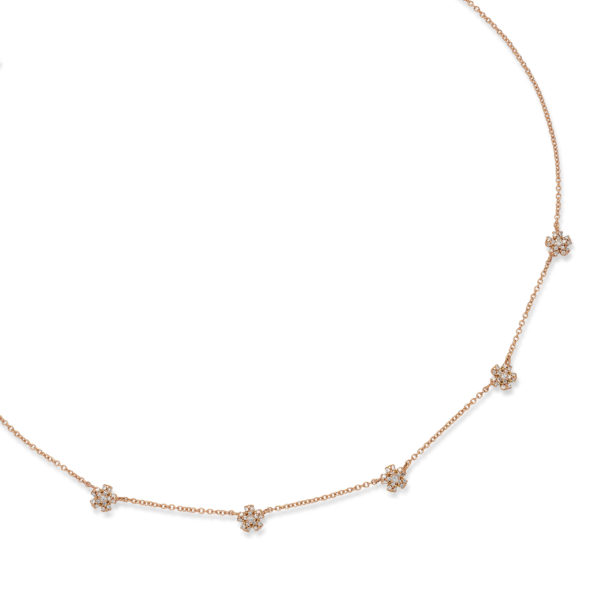 750 rosé gold necklace with 5 tiny flowers set with diamonds